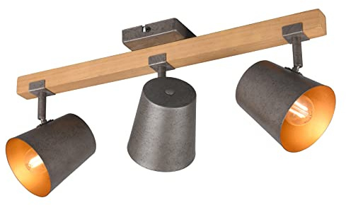 meineWunschleuchte 3-flammiger Deckenstrahler mit Holzbalken, Metallspots Silber antik, Breite 54cm