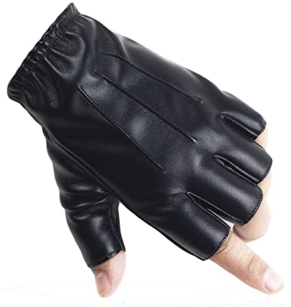 Long Keeper Leather Fingerless Gloves for Men Women, Classic Half Finger Black Gloves PU Leather Driving Gloves for Motorbike Cycling Outdoor, Elastic Cuff
