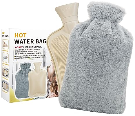 Bouillotte, 2L Bouillotte d'eau Chaude avec Housse en Peluche Douce Bouillotte en Caoutchouc pour Soulage Règles Douloureuse et Maux de Ventre Idéal pour Hivers Fournir Chaleur (Gris Clair)