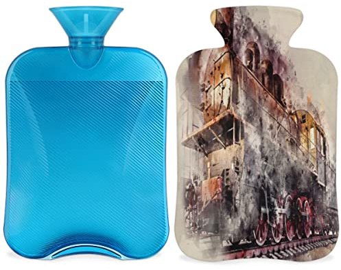 Retro-Zug-Wärmflasche mit flauschigem Bezug, 2 l großes Fassungsvermögen, Wärmflasche, Wasserbeutel für gemütliche Nächte, lindert Schmerzen, Rücken, Nacken und Schultern