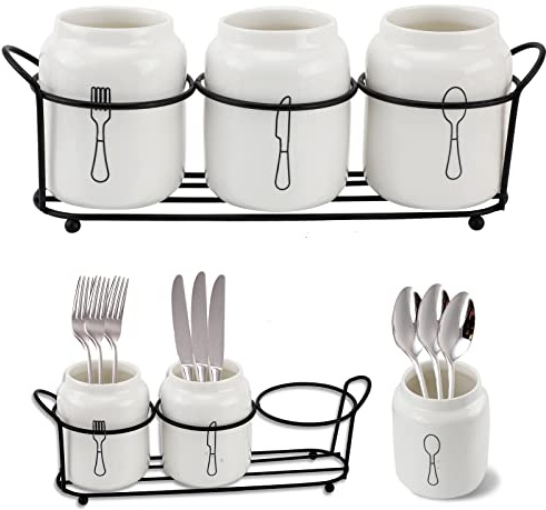 Besteckhalter für Arbeitsplatte, weiße Keramik, Besteckkorb mit schwarzem Metallgestell, Gabellöffel, Utensilienhalter, Besteck-Organizer, Besteckaufbewahrung für Küche, Tischschrank, 4 Stück