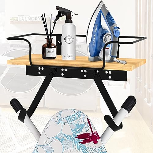 Aqash Ironing Board Hanger Wall Mount - Iron Holder Ironing Board Hanger Shelf Laundry Room Organization with Metal Iron Board Holder Wood Base n Adjustable Hooks for Y T Shape Legs