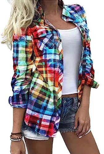 ORANDESIGNE Chemise à Carreaux Colorés Femme Chic et élégant Col en V Chemisier Décontracté à Manches Longues Lâche Bureau Travail Blouse Hauts avec Poches Classique Plaid Veste A Coloré XXL