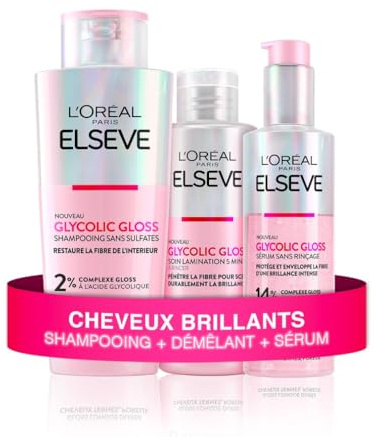 L'Oréal Paris - Routine Capillaire Protectrice pour Cheveux Ternes - Shampooing + Soin Lamination + Sérum Sans Rinçage - Acide Glycolique - Sans Sulfates - Elseve Glycolic Gloss - 3 Produits