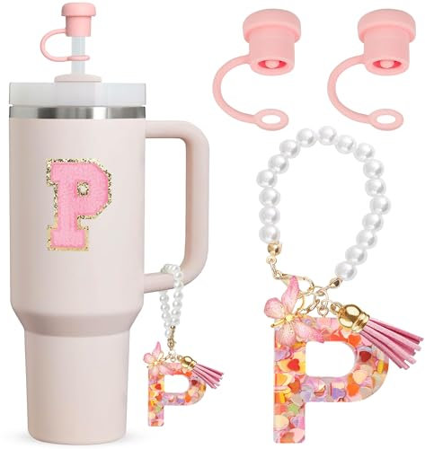 Sondeng Letter Cup Accessories,4pcs Includs 2pcs Dustproof Straw Topper,1pc Charm Accessories for Cup and 1pc Personalized Name ID A-Z Pearl Hangings Letter Stickers (P)