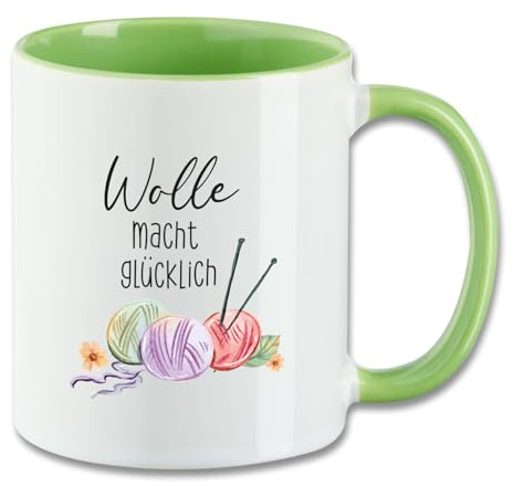 Tasse mit Spruch ″Wolle macht glücklich″ Motivtasse T105 Keramik Geschenk Stricken Häkeln Griff und Innenseite Grün 330 ml