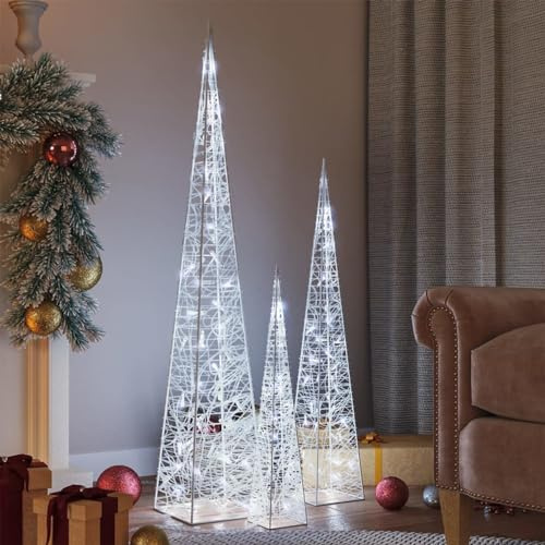 Brokky Acrylic Decorative LED Light Cone Set Cold White 60/90/120cm,LED Light Up Christmas Tree Cones,Pyramid Shaped Xmas Cone Trees with Fairy Lights,Window Display Home Decor