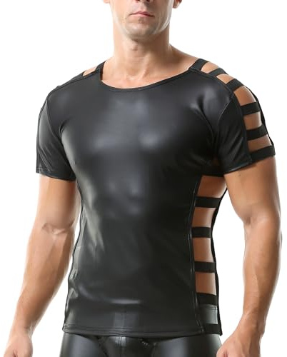 QiaTi Mens Leather Tank Top Leather Short Sleeve Shirt Mens Faux Leather Vest Undershirts for Rave Dance