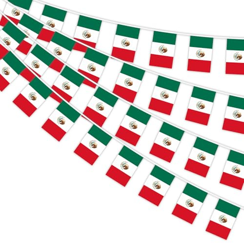 AhfuLife Mexico flaggirlang med mexikanska flaggor, 1 st dubbelsidigt rektangel tyg Mexiko vimpel flagga för 2025 fotboll rugby VM olympisk hemträdgård fest bar dekoration
