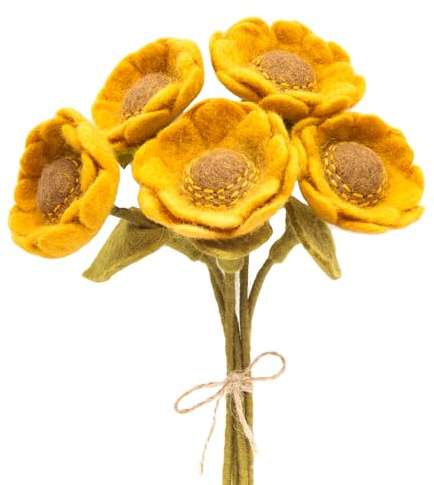 Glaciart One Ramo de girasoles artificiales de fieltro, 5 unidades, reutilizables, lavables y listas para aceites esenciales, flores artificiales multicolor con tallos de alambre flexibles, gran