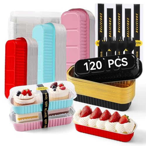 Orlashop Mini Loaf Pans with Lids and Spoons Sealing Sticker,120 Pcs 6.8oz Cake Pans for Baking Disposable Aluminum Foil Christmas Cake Pan (mixed)