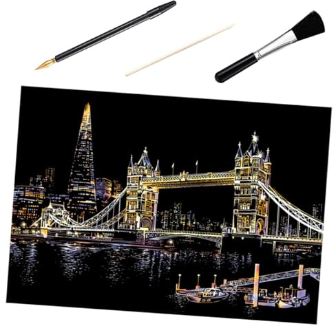 Housoutil Kratzpapier Stadtnacht Kratzbild Tower Bridge mit 3 Werkzeugen Bambusstab Goldstift Pinsel für Kinder Basteln Grundschule