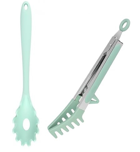 GUDGI Juego de pinzas de silicona para pasta y cuchara de espagueti con dientes de silicona antideslizantes, cuchara de 12 pulgadas y pinzas de 9.8 pulgadas, utensilios de cocina resistentes al calor