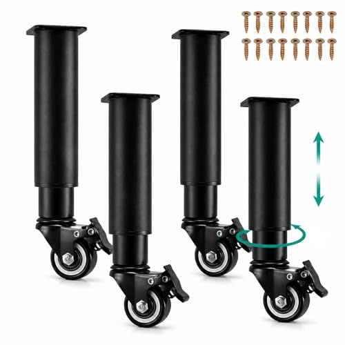 OJTOJT 4 Stück Höhenverstellbare FüßE Mit Rollen, Möbelrollen Verstellbar Mit 360 Grad,Tischbeine Mit Rollen Für Sofa Bett Schrank Tisch Möbel (Schwarz, 185-260mm)