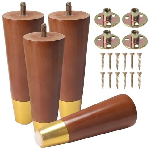 COEWUR 6 inch Wooden Furniture Legs 15cm Sofa Feet Chair Legs Set of 4 - Screw in Wood Bed Cabinet Couch Leg - Straight Cone Furniture Replacement Feet with Mounting Plate, Screws and Caps Pads