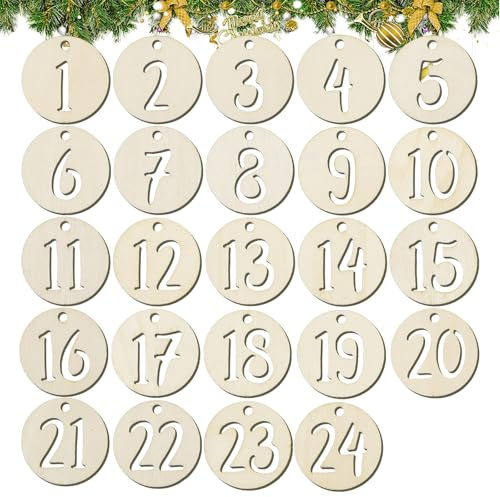 BETESSIN Adventskalender Zahlen Holz - Holzzahlen 1-24 für Adventskalender zum Basteln - runde Holzanhänger mit ausgestanzten Zahlen für Weihnachtskalender, Weihnachtsdeko, Geschenkanhänger (4 cm ø)