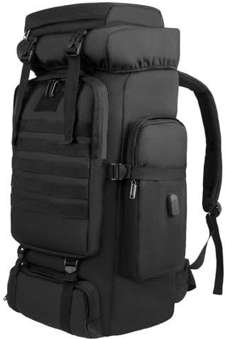 Nayubo Zaino da trekking da 80 l, grande capacità, con telaio resistente, con porta di ricarica USB, per uomo e donna, per campeggio, arrampicata, viaggi all'aperto, trekking, attrezzatura (nero)
