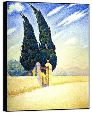 OZPWBVY Paul Signac Famosi Quadro su Tela-Quadri Moderni Soggiorno-Due cipressi-Cornice Nera Stampe e Poster Decorazione Dipinti 30x40cm