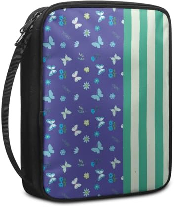 Bibelhülle Gestreift Lila Grün Buchtasche für Männer Frauen Tragbar Buchhülle Stoff Leinwand Polyester Bibel Zubehör mit Reißverschluss Griffen Bibel Hülle 27.5x22.5x5.5 cm