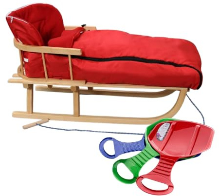 BirnePower Holzschlitten 90cm mit Rückenlehne und Winterfußsack 90cm oder 108cm Komplettset inkl. Zugseil & Gurt, Rodelschlitten aus Buchenholz