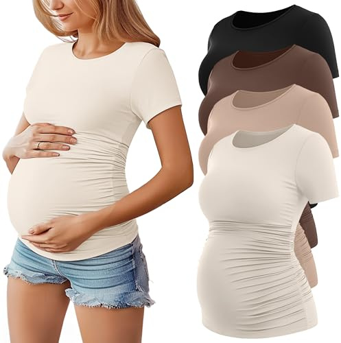Geyoga Pack 4 Tops Premamá para Mujer De Manga Corta | Algodón, Cuello Redondo, Fruncidos Laterales, Corte Ajustado, Verano, Transpirable, Elástico, Informal, Suave
