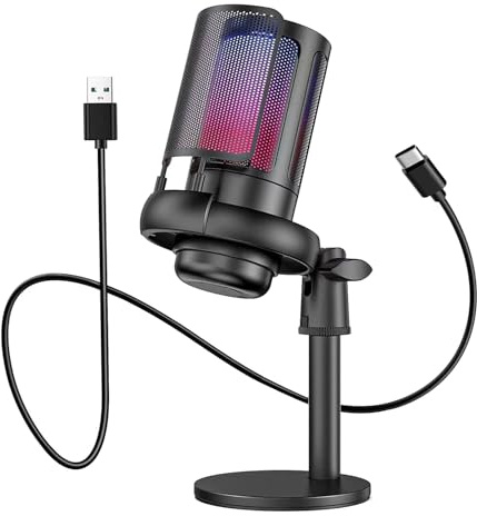 Bbajszx Microfono da Gioco USB con Illuminazione dinamica per Streaming Desktop Podcast Registrazione Chiara Plug And Play Microfono USB con cancellazione del Rumore
