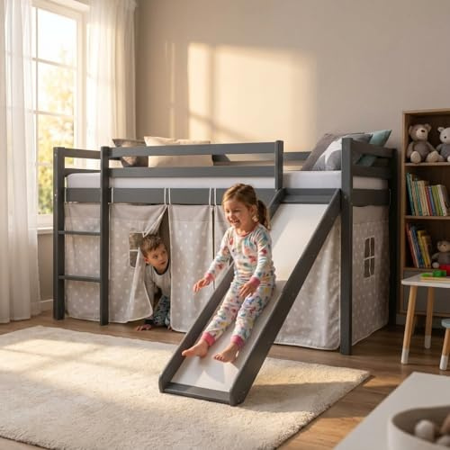 Homestyle4u Kinderbett Hochbett 90x200 Grau mit Rutsche & Leiter | Massivholz Kiefer Kinderhochbett, Etagenbett inkl. Vorhang mit Sternen, stabiles Jugendhochbett f#r Jungen & M$dchen