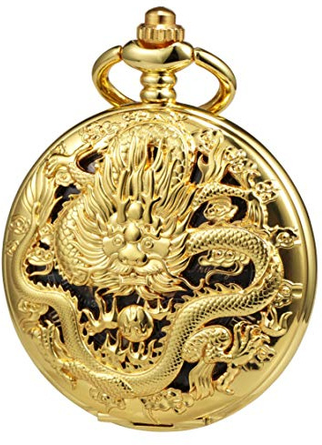 TREEWETO fickur med kedja män analog mekanisk handhiss dubbelgångjärn antik drake romerska siffror brons/svart, Guld, Klassisk