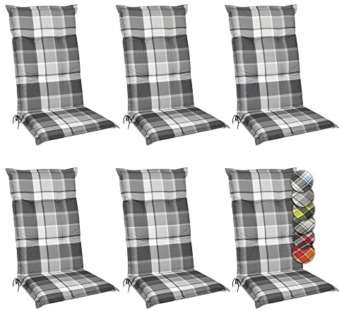 Beautissu 6er Set Hochlehner Auflagen für Gartenstühle rutschfest Kariert | 120x50cm Blau 6cm Dicke Polsterauflage bequem Stuhlkissen Sitzauflage Polster UV-Lichtecht Gartenstuhlauflagen Sunny BK