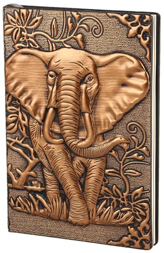 YHH A5 Carnet Ligné Couverture Rigide, Ancien Journal Intime Vintage Cuir Notebook Lined Cahier de Voyage Calepin Bloc Notes Fait Main, Beau Cadeau Homme Femme Ado 3D Éléphant Cuivre