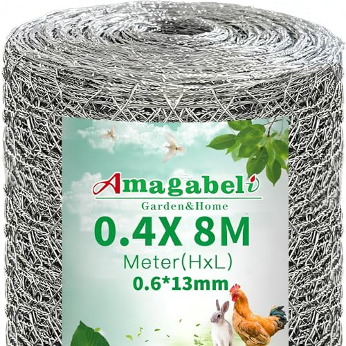 Amagabeli Maschendrahtzaun Sechseckgeflecht, Maschenweite 12.7 mm, Höhe 40 cm, Länge 8 m，Drahtzaun Hasendraht Kaninchendraht Hühnerdraht, Verzinkt Silber