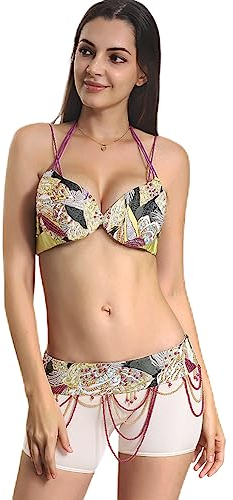 ROYAL SMEELA Bauchtanz BH & Gürtel Damen Bauchtanz Kostüm Neckholder BH mit Spaghettiträgern Perle Quaste Gold 38/85B