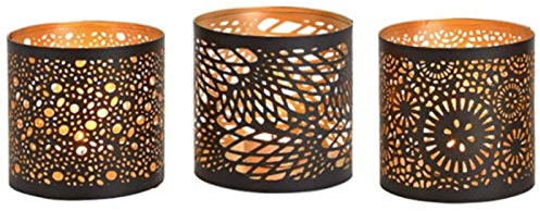 3er-Set Windlichter aus Metall 3-Fach Sortiert mit tollen Ornamenten - Teelichthalter Kerzenhalter - Orientalisch Mediterran Kerzenhalter Deko Tischdeko (schwarz-Gold) Ø 10 x Höhe 11 cm