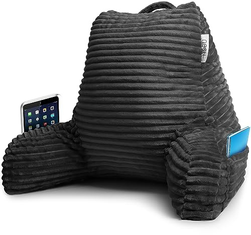 Nestl Reading Pillow with Shredded Memory Foam, Luxe Cut Plush Back Pillow for Sitting Up in Bed, Back and Arms Adjustable Support for Adult & Teens, Backrest Pillows with Washable Cover Dark Grey