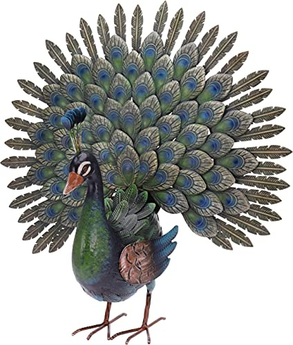 Muddy Hands Metal Garden Ornament Tall Outdoor Free Standing Decorative Statue (Peacock with Fan)