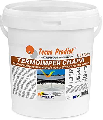 TERMOIMPER CHAPA di Tecno Prodist - 7,5 L (BIANCO OTTICO) Idropittura termoisolante per esterni - Vernice per acciaio, lamiera zincata e terrazze – Isola da caldo e freddo (Rullo, Pennello, Pistola)