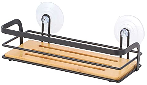 MSV Mensola per doccia, bagno senza foratura, con ventose, in acciaio e bambù, 12 x 9 x 25,5 cm, nero opaco