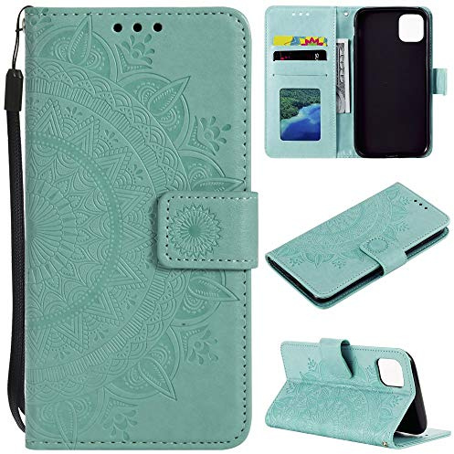 CoverKingz Handy Hülle kompatibel mit iPhone 13 Pro - Handyhülle mit Kartenfach Bookcover Case - Handy Tasche klappbar Motiv Mandala Grün