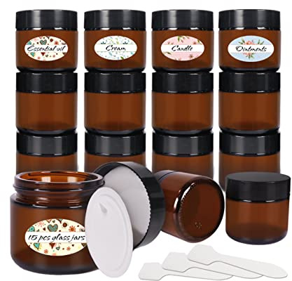 Yishik 2 oz Amber Glass Jars,15 Pack 60ml Empty Cosmetic Containers with Inner Liners and Black Lids,Refillable Round Cream Jars for Lotion,Ointments,Bath Salts,Makeup