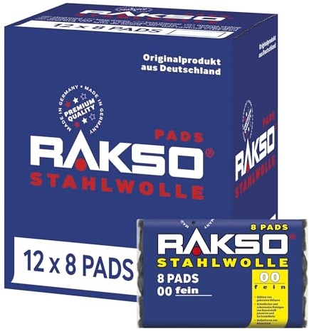 RAKSO Stahlwolle fein 00-96 Pads - 12x8 Stk. - glättet Hölzer, Reinigung Kunststoffjalousien, Gartenmöbel, Aluminium aufpolieren