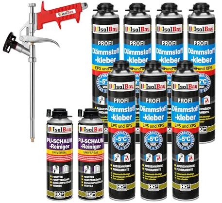 Isolbau Kit de colle isolante pour EPS & XPS - Avec 7 mousses adhésives WDVS (750 ml), 2 nettoyants en mousse PU et 1 pistolet à mousse