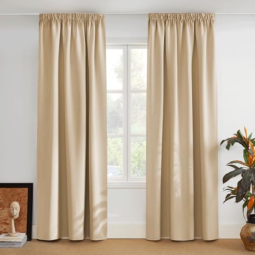 PONY DANCE Wohnzimmer Vorhänge Beige Kräuselband H 300 x B 140 cm | 2er Set, Biscotti Beige, Thermovorhang Hitzeschutz, Verdunklungsvorhänge für Schienensystem, Extra Lange, Blickdicht