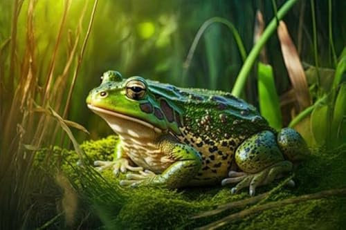 Acryl-Bild 140 x 90 cm: grüner Frosch sitzt auf grünem Gras im Wald, erstellt mit generativer ai (200210673)