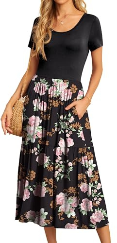 GRECERELLE Womens Summer Maxi Dress Casual Short Sleeve Crew Neck Swing Flowy Tiered Party Dresses with Pockets for Weddings, Holidays