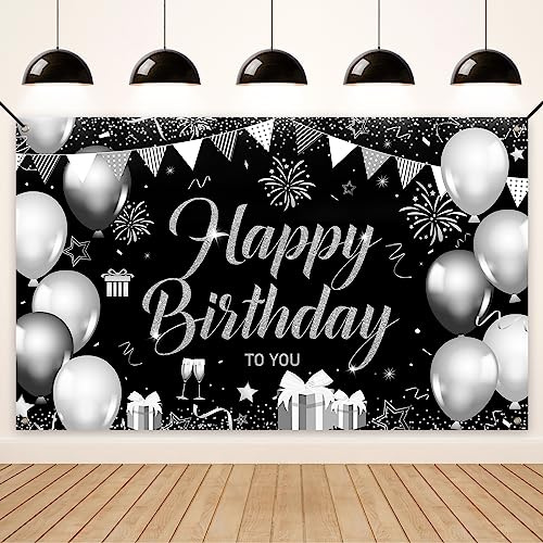 Koliphy Banderole Joyeux Anniversaire, Noir Argent Decoration Anniversaire Fête Deco Pour Hommes Femmes, Anniversaire Photographie Fond Bannière, 70,8 x 40,3 Pouce