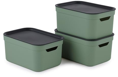 Rotho Jive Dekobox Set of 3 storage box 5l with lid, Plastic (PP recycled), green/anthracite, 3x5l (26.5 x 18.5 x 13.2 cm)