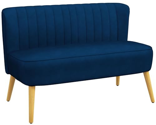 HOMCOM Sofa 2 Sitzer Couch, Kleine Loveseat mit Samt-Optik Modern Polstersofa für Wohnzimmer, Schlafzimmer, kleinen Raum, Blau 117 x 56,5 x 77 cm