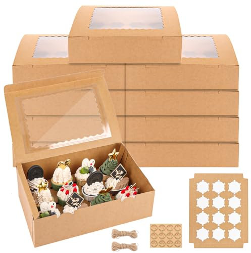 WOPPLXY 10 Stück Cupcake Transportbox mit Seil und Stickern, 12 Löchern Cupcake Box mit Fenster und Einsätzen, Cupcaken Muffin Box für Verpacken, Transportieren und Dekorieren von Kuchen und Desserts