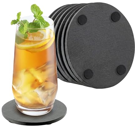 Set 8 Pezzi Sottobicchieri Rotondi In Ardesia 10 Cm Colore Nero Pietra Naturale Certificati Contatto Alimentare Con Gommini Antiscivolo Sottobicchiere Bar,Birreria,Casa Accessori Decorazione Tavola