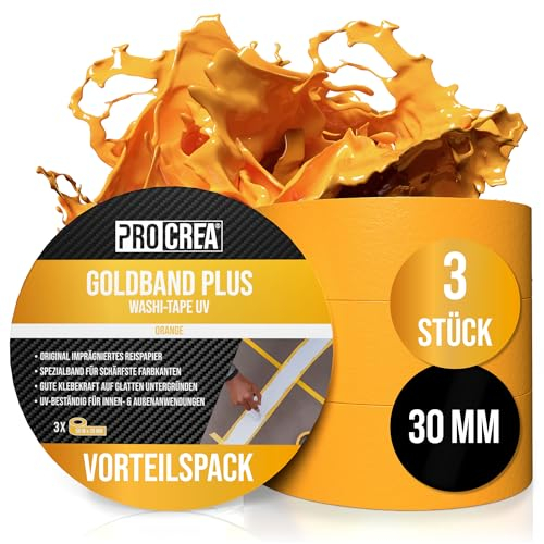 PROCREA® 3x Premium Goldband Klebeband UV [Vorteilspack 3x 30 mm] Oranges Kreppband Malerband für innen & außen - Wasser- & Hitzebeständiges Abklebeband zum Streichen, Lackieren und Renovieren